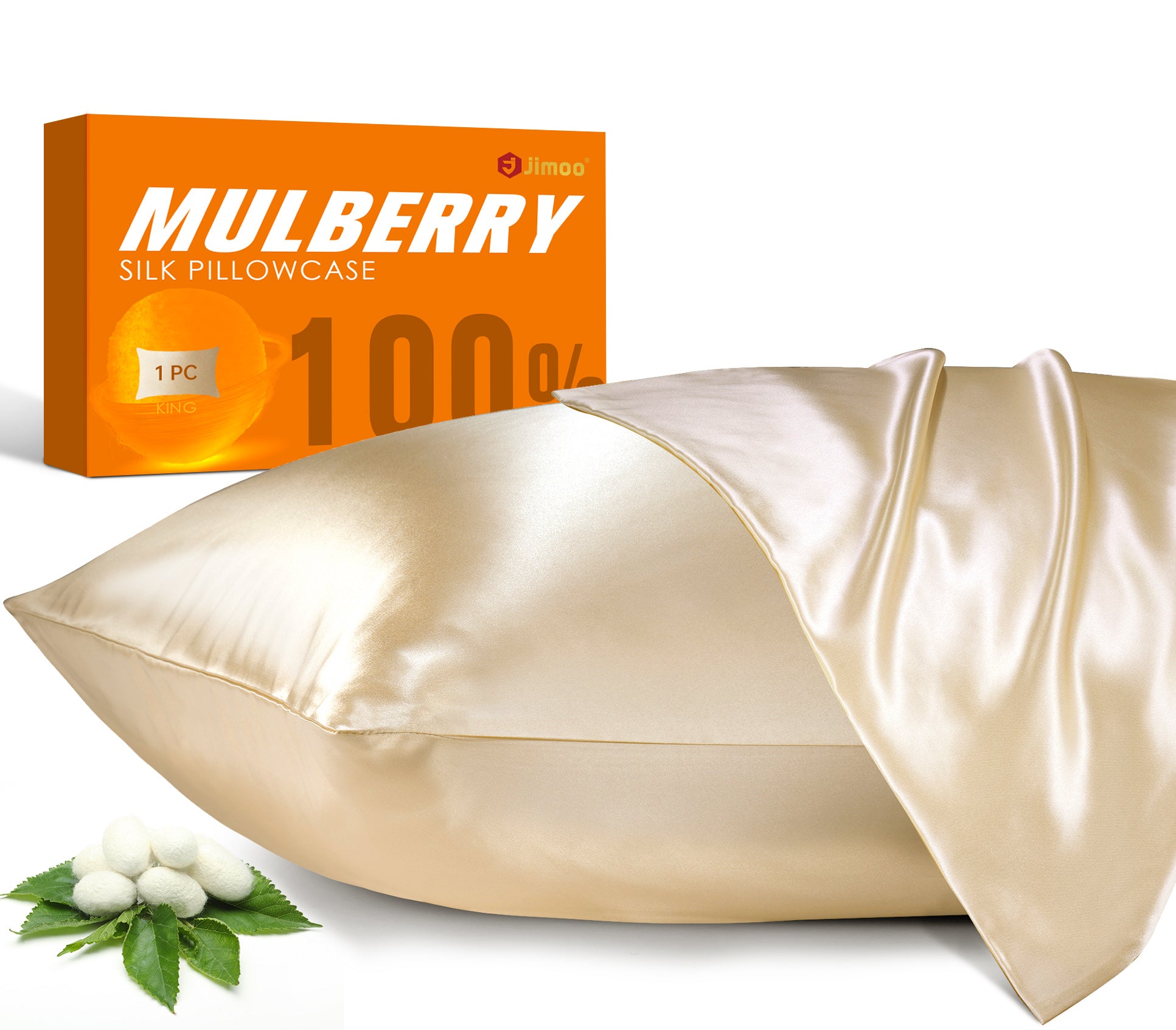 Beige mulberry silk pillowcase with Jimoo packaging and silkworm cocoons, 100% natural.
