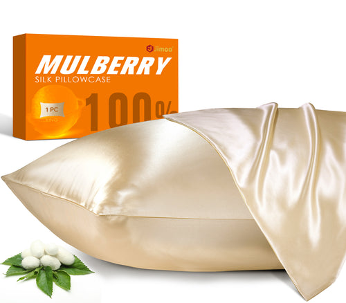 Beige mulberry silk pillowcase with Jimoo packaging and silkworm cocoons, 100% natural.
