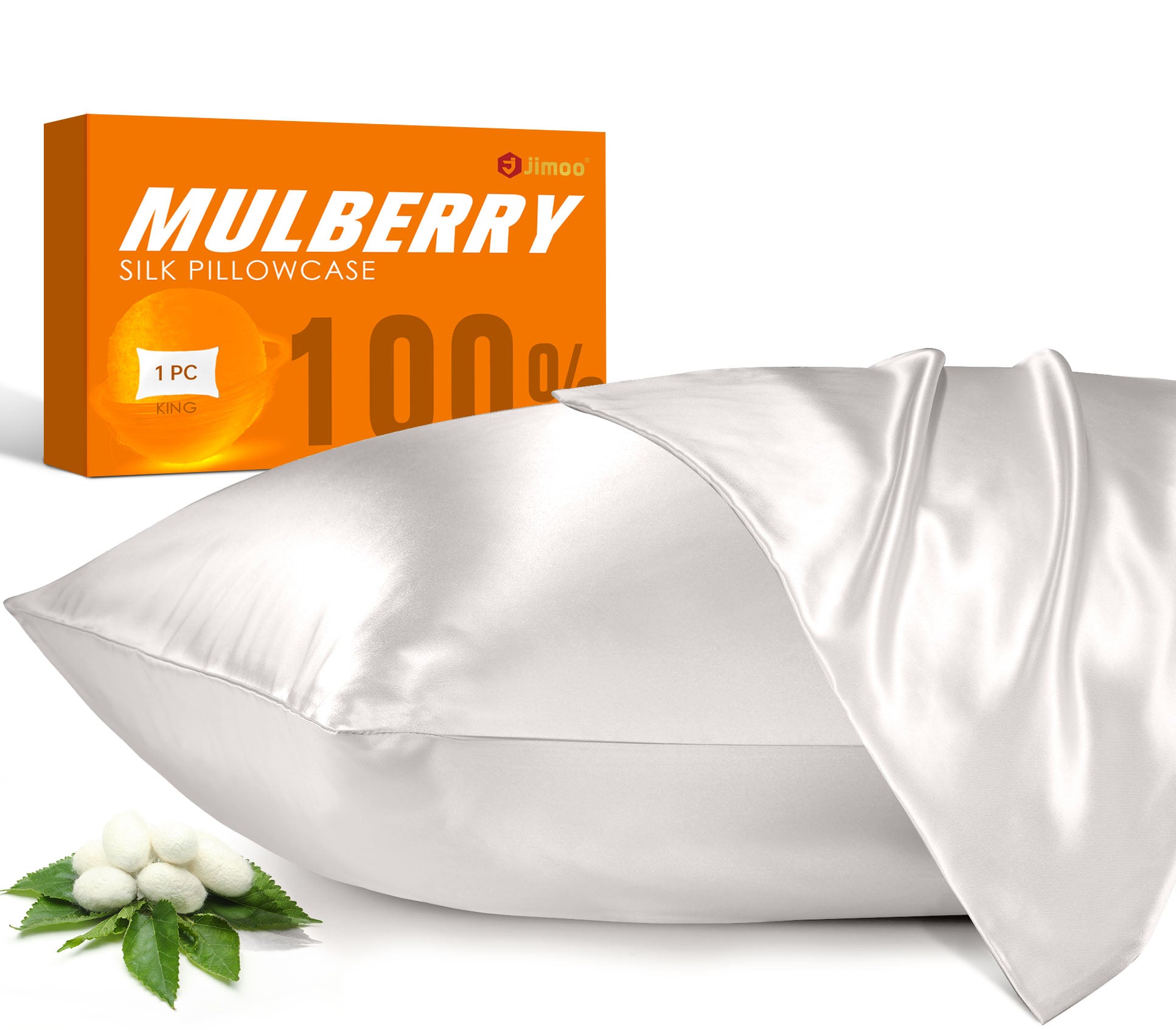 Ivory white mulberry silk pillowcase with Jimoo packaging and silkworm cocoons, 100% natural.