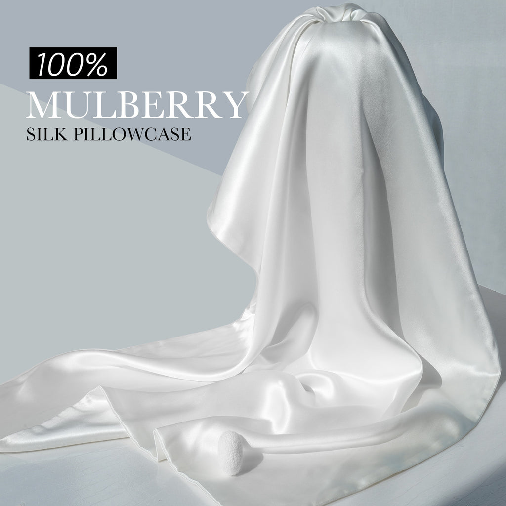 Pure White Fabric	Pure white mulberry silk draped in sculptural form — 100% mulberry silk pillowcase.