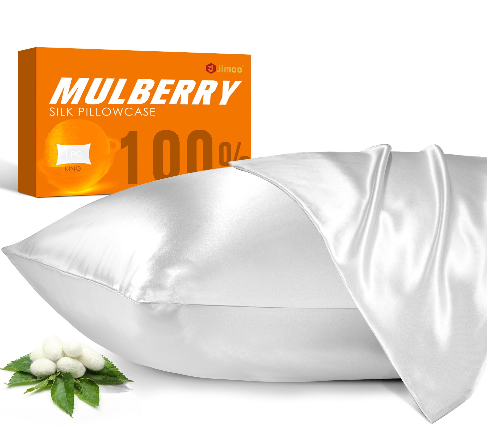 Pure white mulberry silk pillowcase with Jimoo packaging and silkworm cocoons, 100% natural.