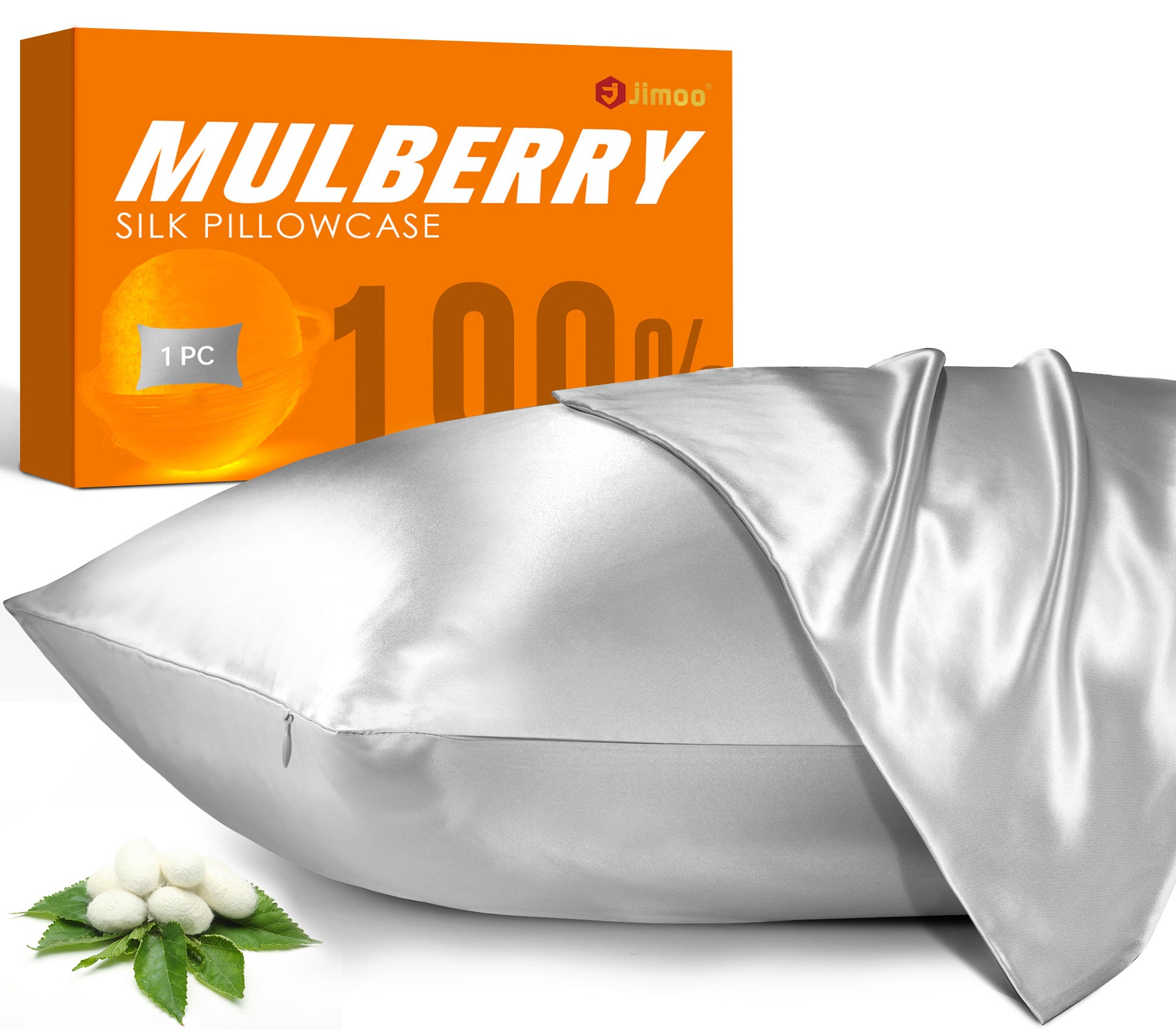 100% mulberry silk pillowcase in silver grey with zipper, shown with product packaging.