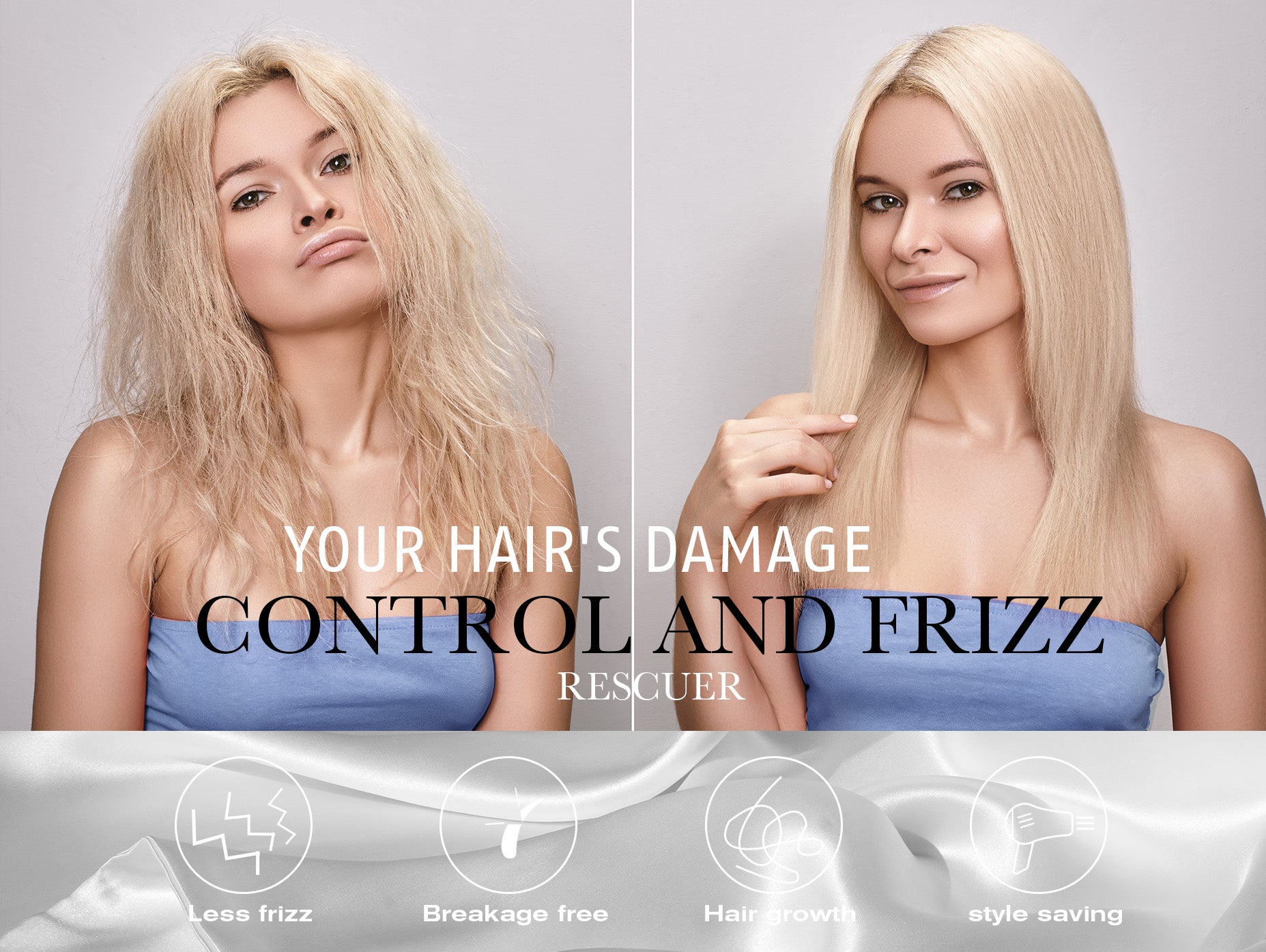 Before-and-after: frizzy vs. smooth blonde hair — silk pillowcase reduces frizz and breakage.