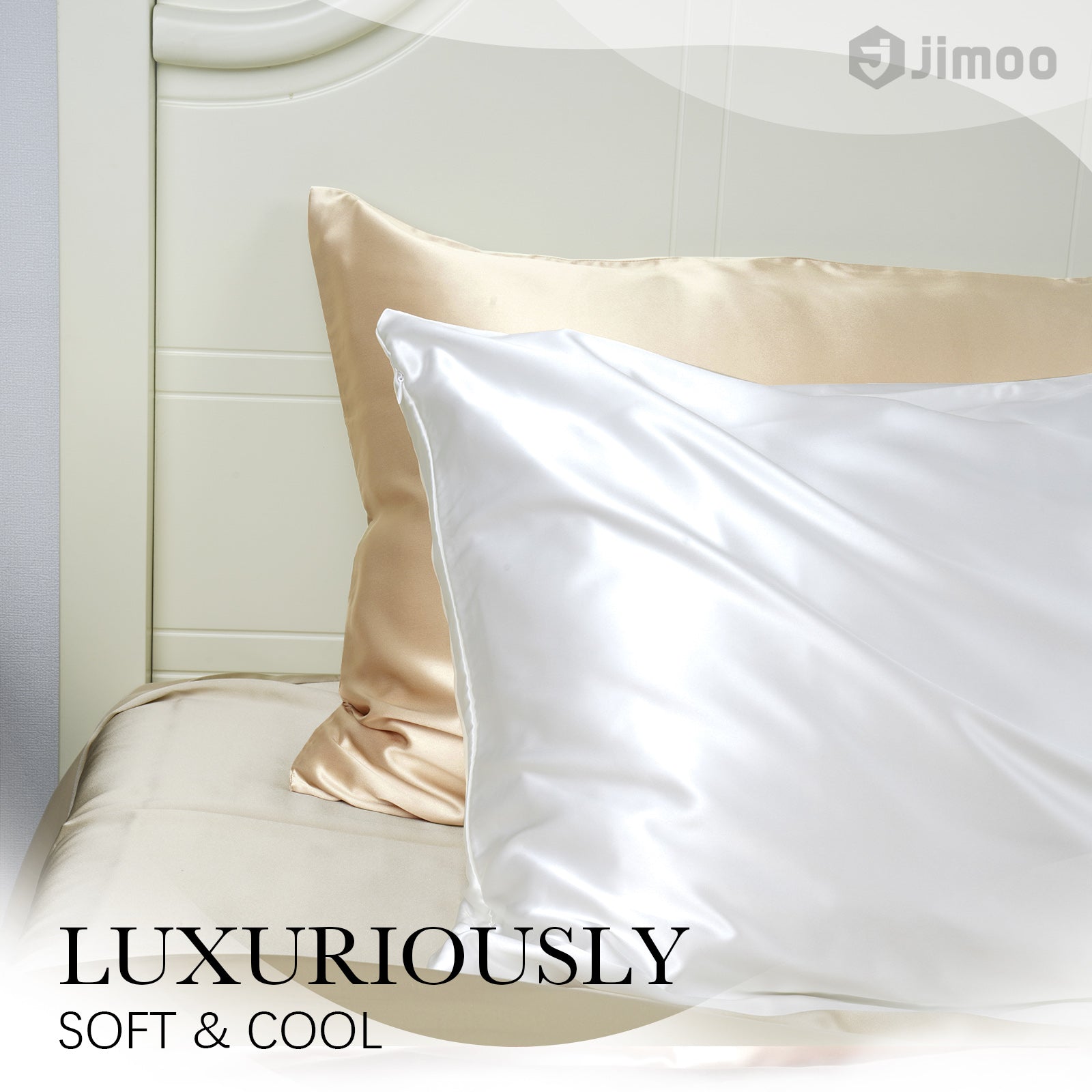 Beige and white silk pillowcases stacked on bed — luxuriously soft and cool to the touch.