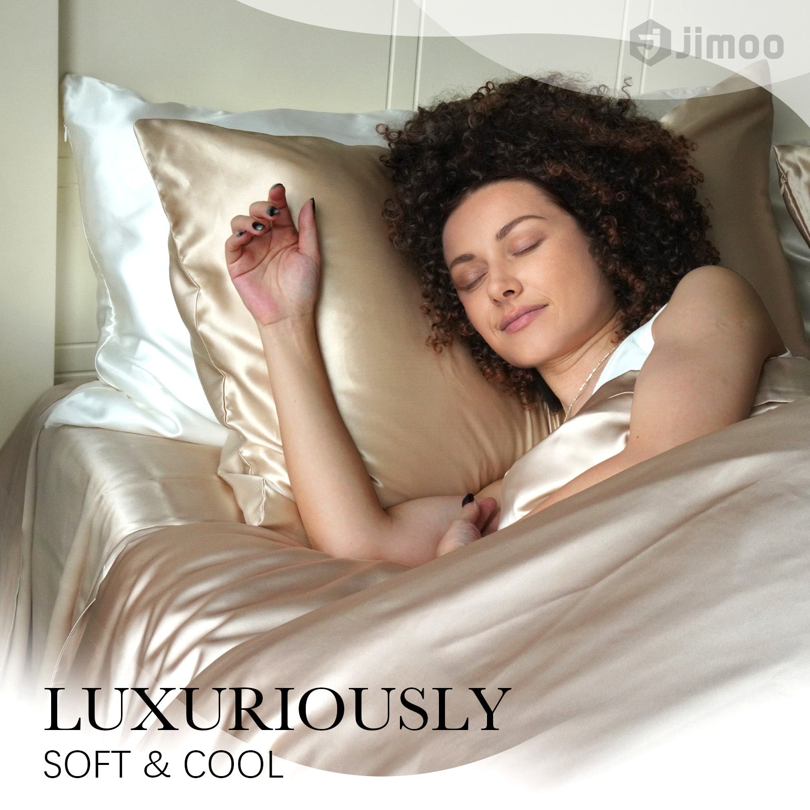 Woman sleeping peacefully on a pure white silk pillowcase — luxuriously soft and cool.