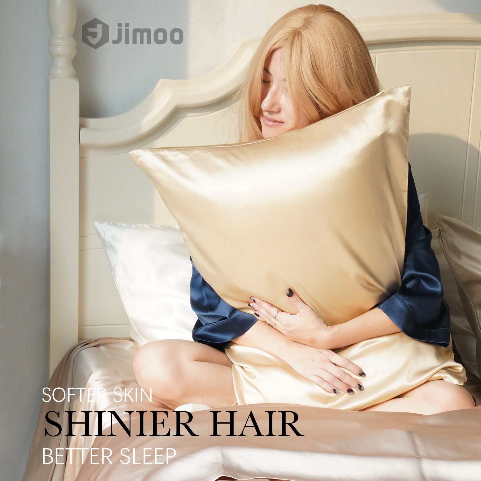 Woman hugging a beige silk pillowcase — softer skin, shinier hair, better sleep.