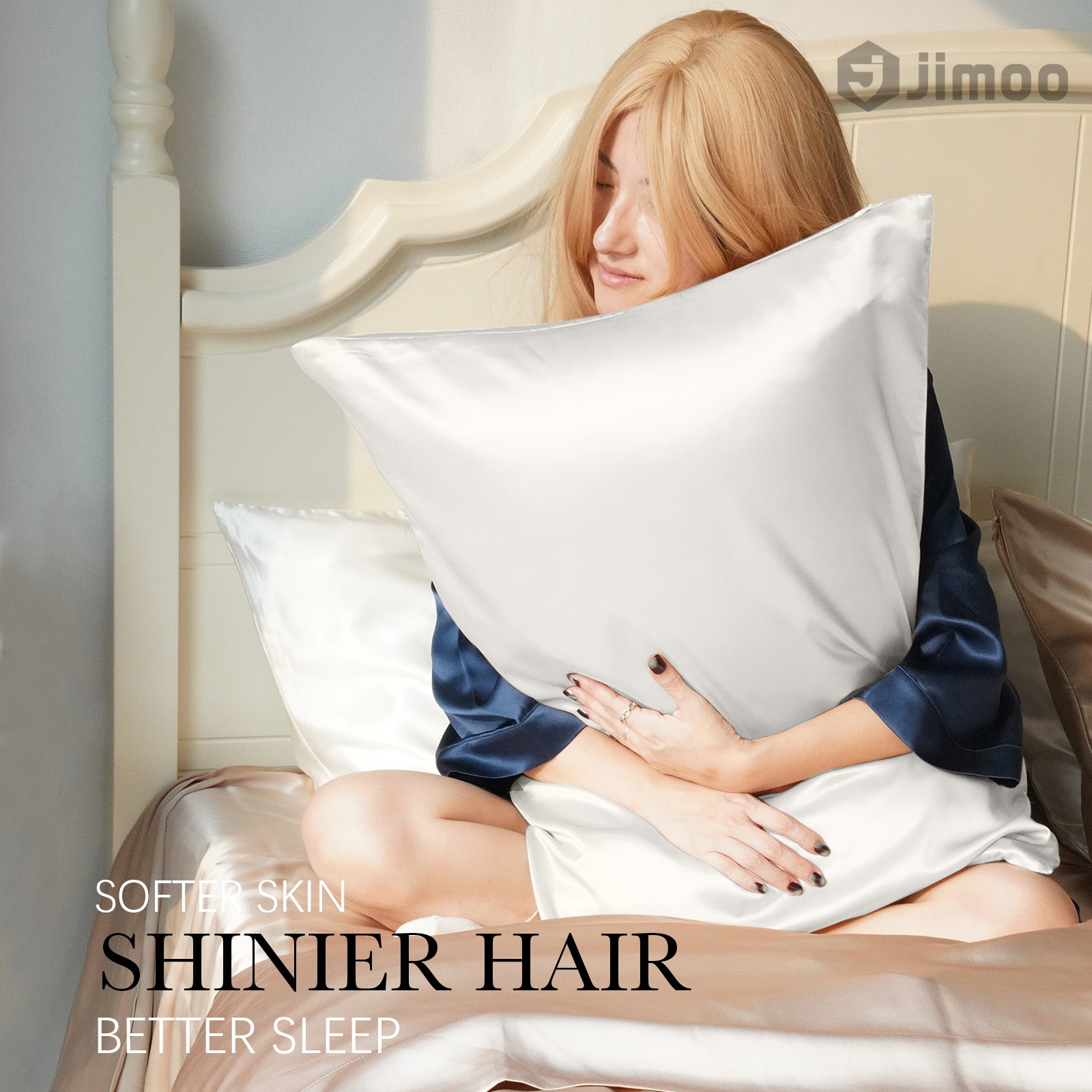 Woman hugging an ivory white silk pillowcase — softer skin, shinier hair, better sleep.