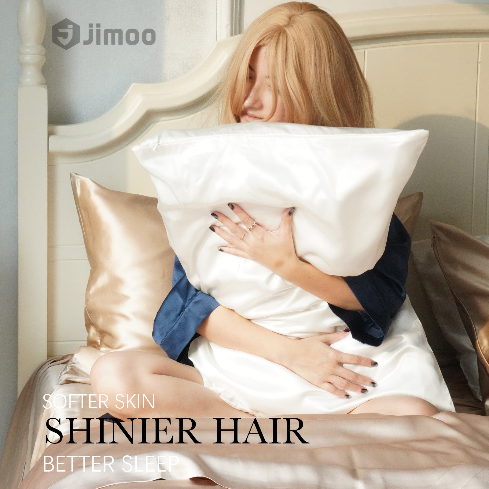 Woman hugging a pure white silk pillowcase — softer skin, shinier hair, better sleep.